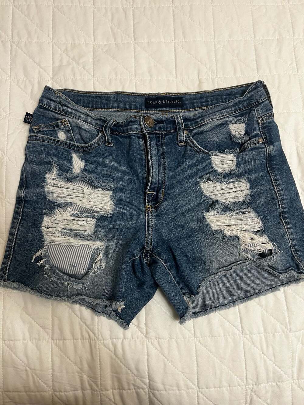 Rock & Republic Women's Distressed Denim Shorts Size 10 Blue Raw Hem Patched